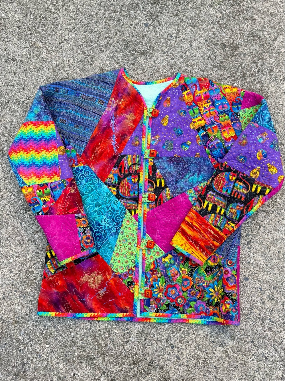Whimsical Reggae Patchwork Handmade Quilted Jacket - Cat & Floral Art (Fits M/L)